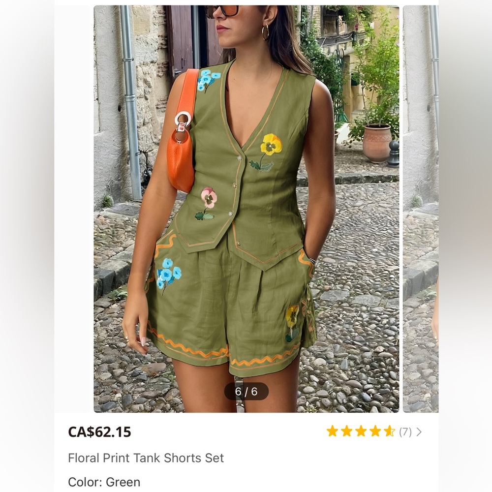 Commense Olive Green Floral Embroidered Tank & Shorts Set with Orange Bag Accent